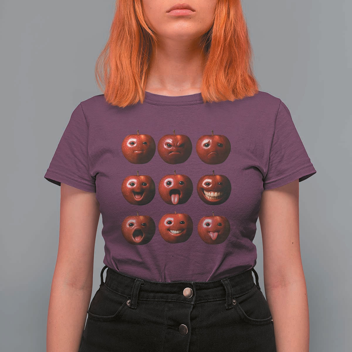 Funny Freaky Apple Faces Meme Graphic T Shirt For Women Surreal Weird AI Fruit Emotions - Wonder Print Shop
