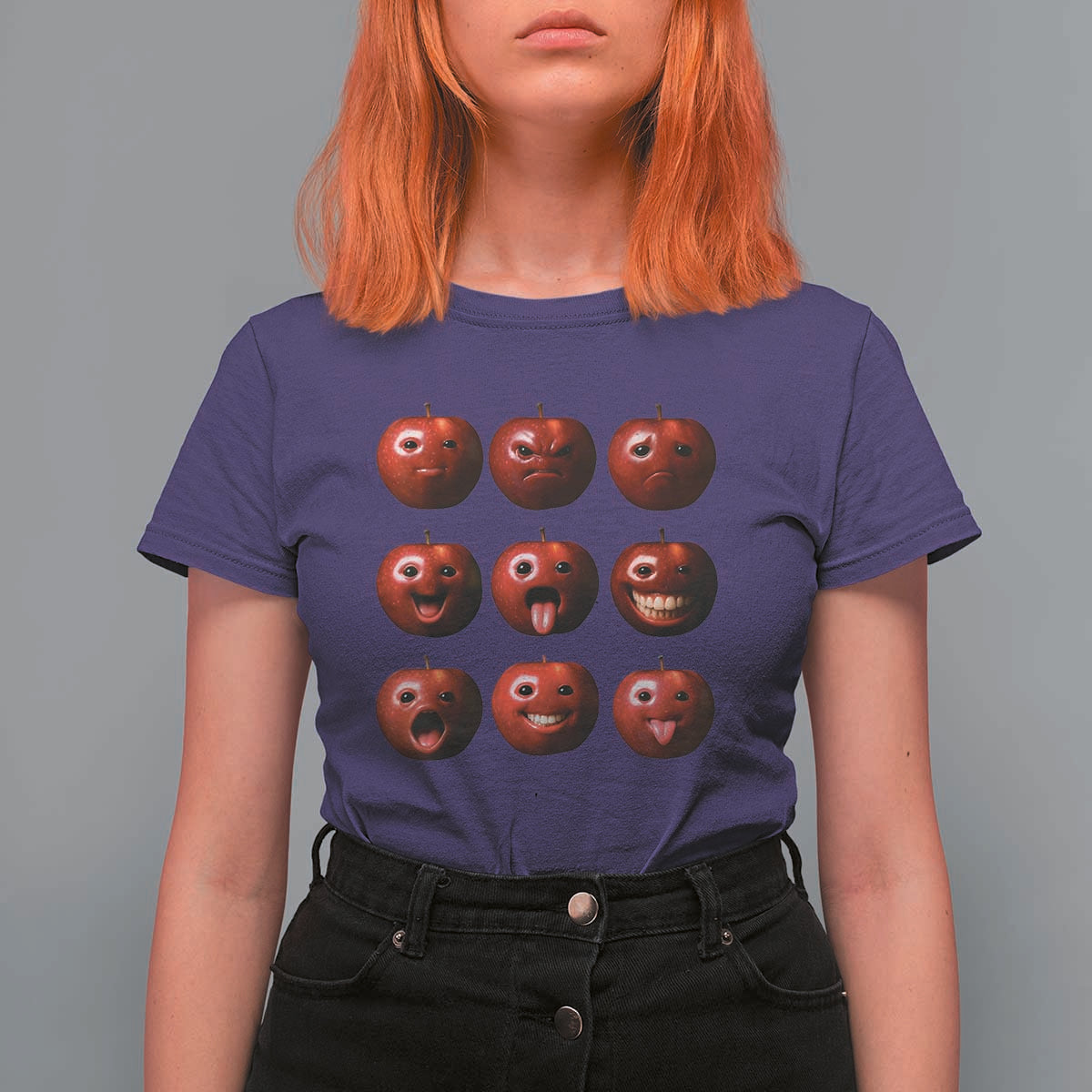 Funny Freaky Apple Faces Meme Graphic T Shirt For Women Surreal Weird AI Fruit Emotions - Wonder Print Shop