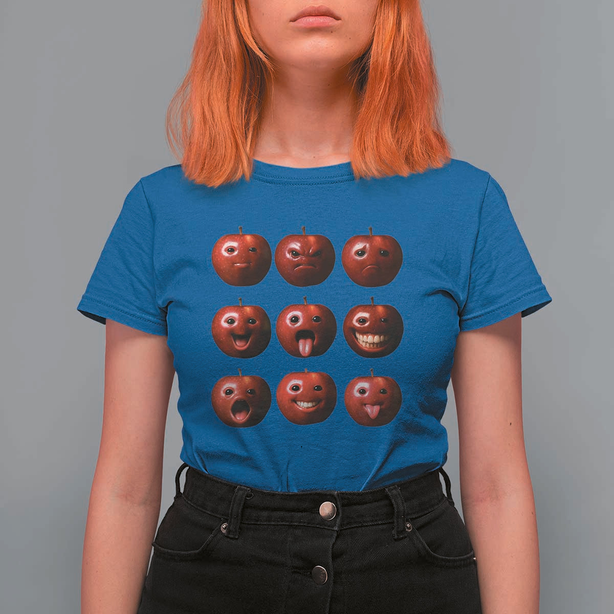 Funny Freaky Apple Faces Meme Graphic T Shirt For Women Surreal Weird AI Fruit Emotions - Wonder Print Shop