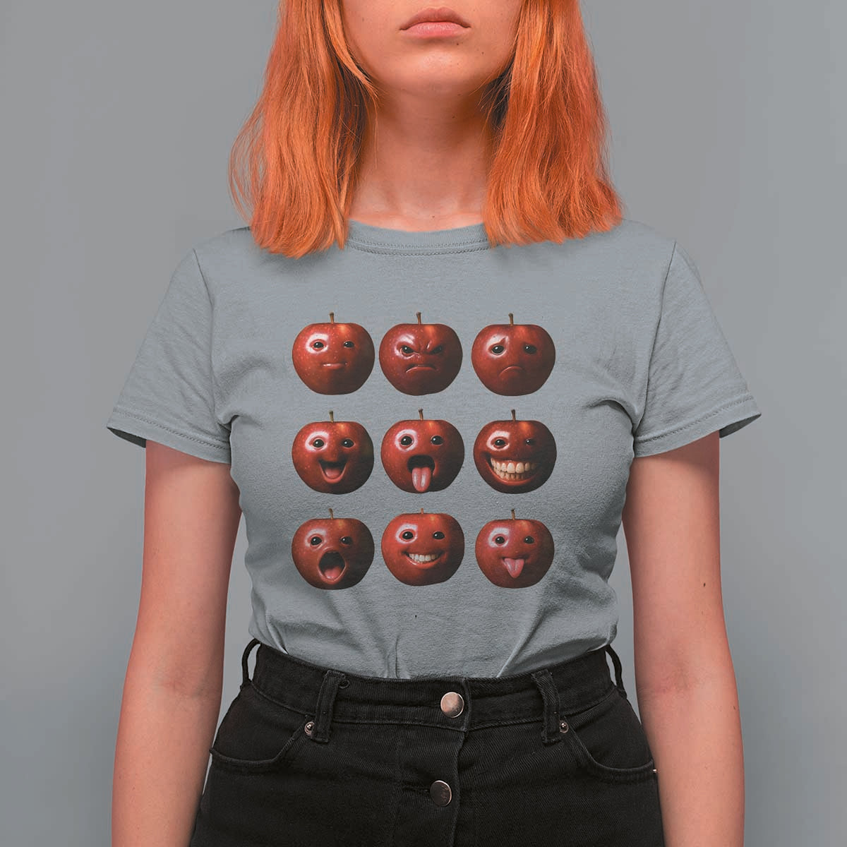 Funny Freaky Apple Faces Meme Graphic T Shirt For Women Surreal Weird AI Fruit Emotions - Wonder Print Shop