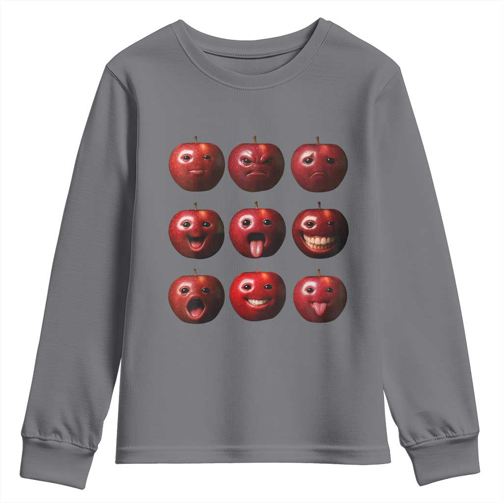Funny Freaky Apple Faces Meme Graphic Youth Sweatshirt Surreal Weird AI Fruit Emotions - Wonder Print Shop