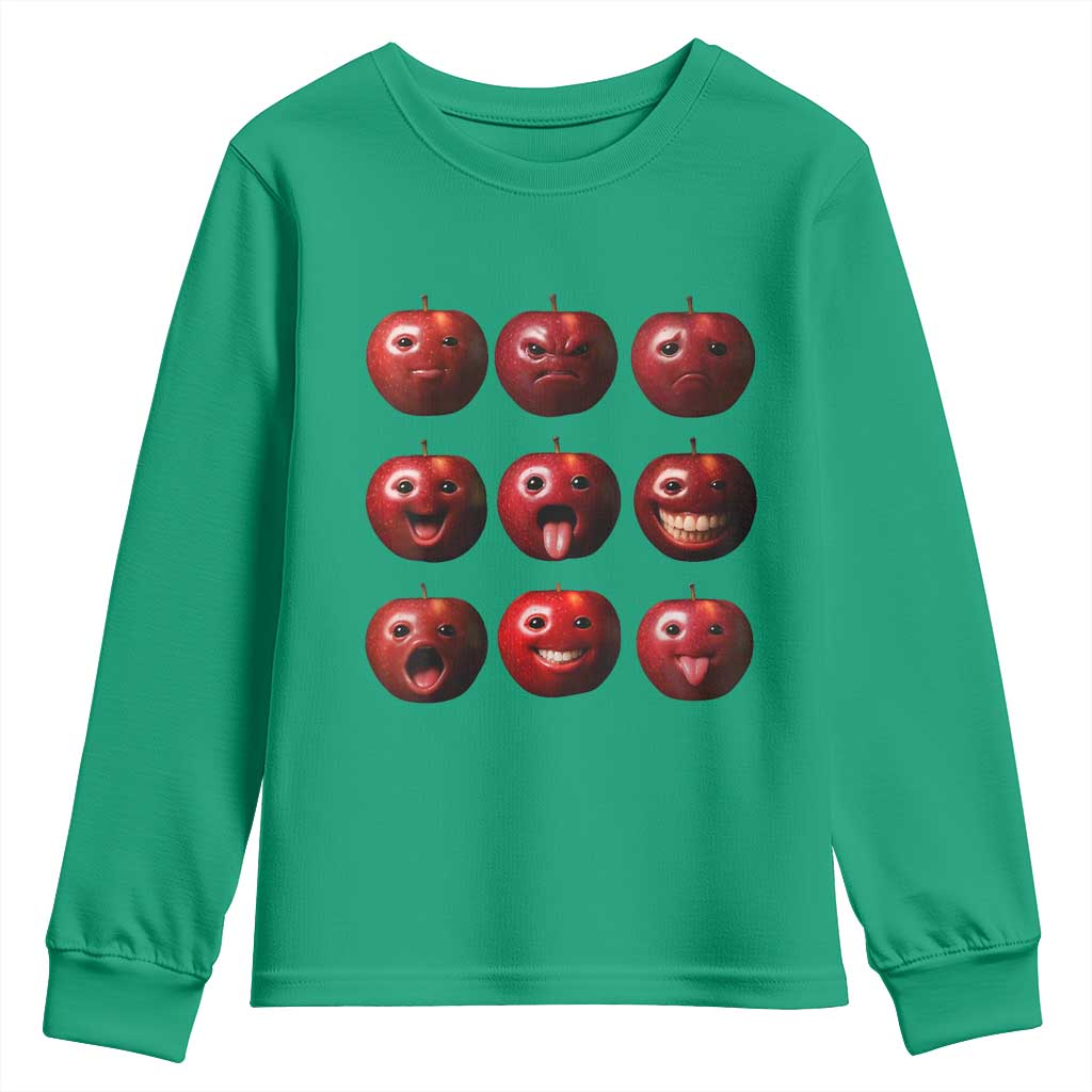 Funny Freaky Apple Faces Meme Graphic Youth Sweatshirt Surreal Weird AI Fruit Emotions - Wonder Print Shop