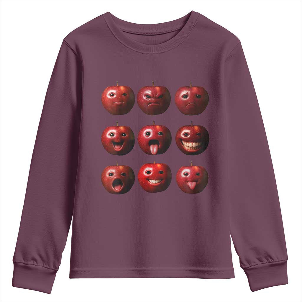 Funny Freaky Apple Faces Meme Graphic Youth Sweatshirt Surreal Weird AI Fruit Emotions - Wonder Print Shop