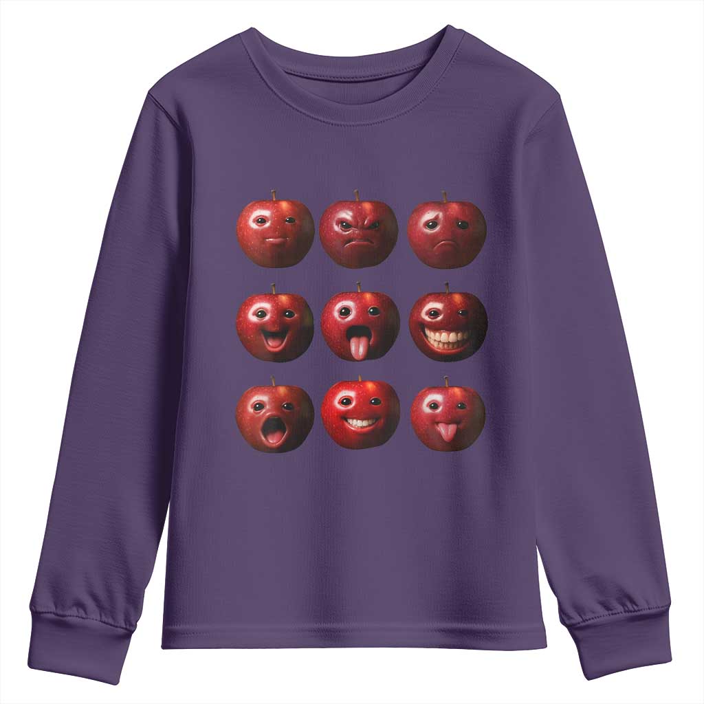 Funny Freaky Apple Faces Meme Graphic Youth Sweatshirt Surreal Weird AI Fruit Emotions - Wonder Print Shop