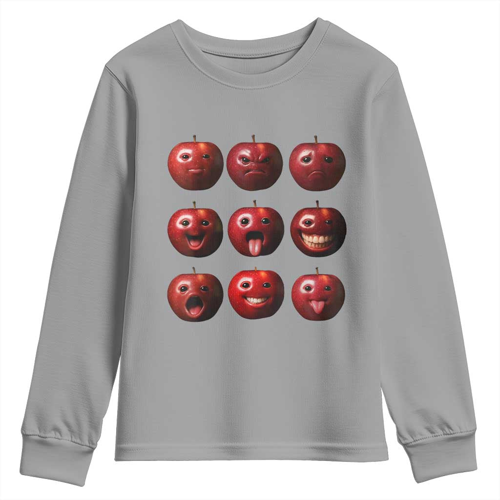 Funny Freaky Apple Faces Meme Graphic Youth Sweatshirt Surreal Weird AI Fruit Emotions - Wonder Print Shop