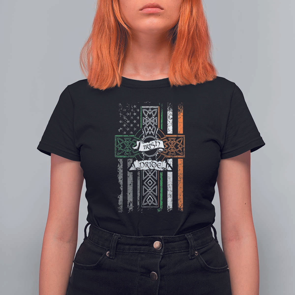 Irish Pride T Shirt For Women American Flag Celtic Cross St Patricks Day