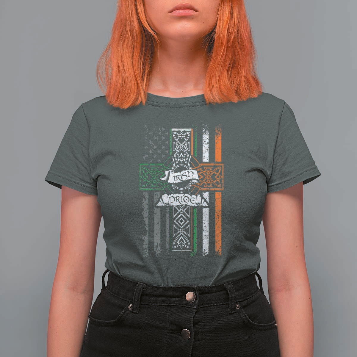 Irish Pride T Shirt For Women American Flag Celtic Cross St Patricks Day