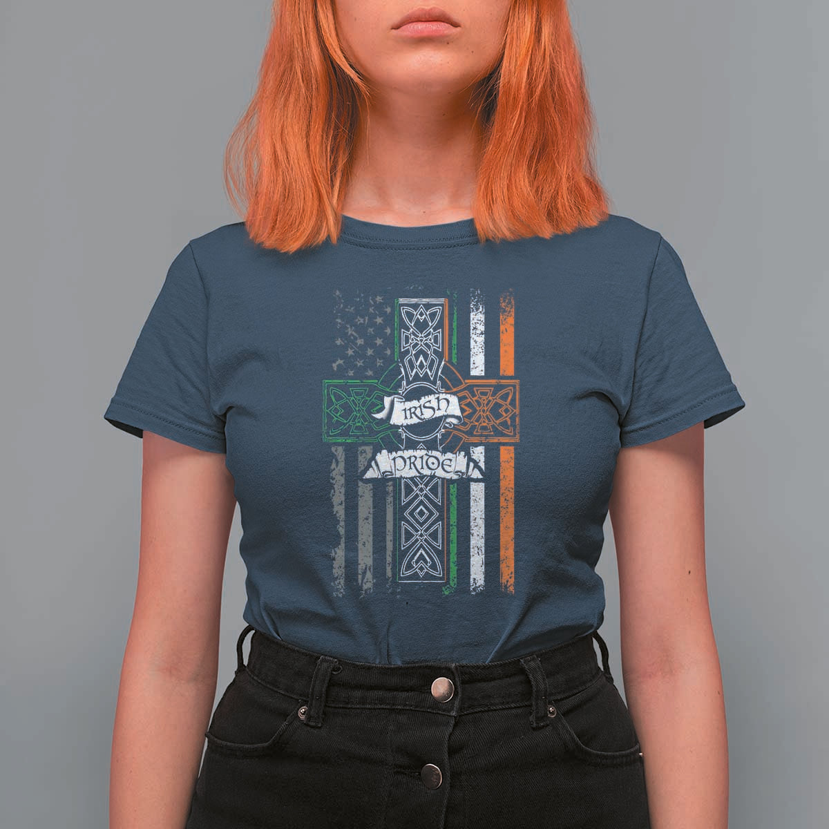 Irish Pride T Shirt For Women American Flag Celtic Cross St Patricks Day