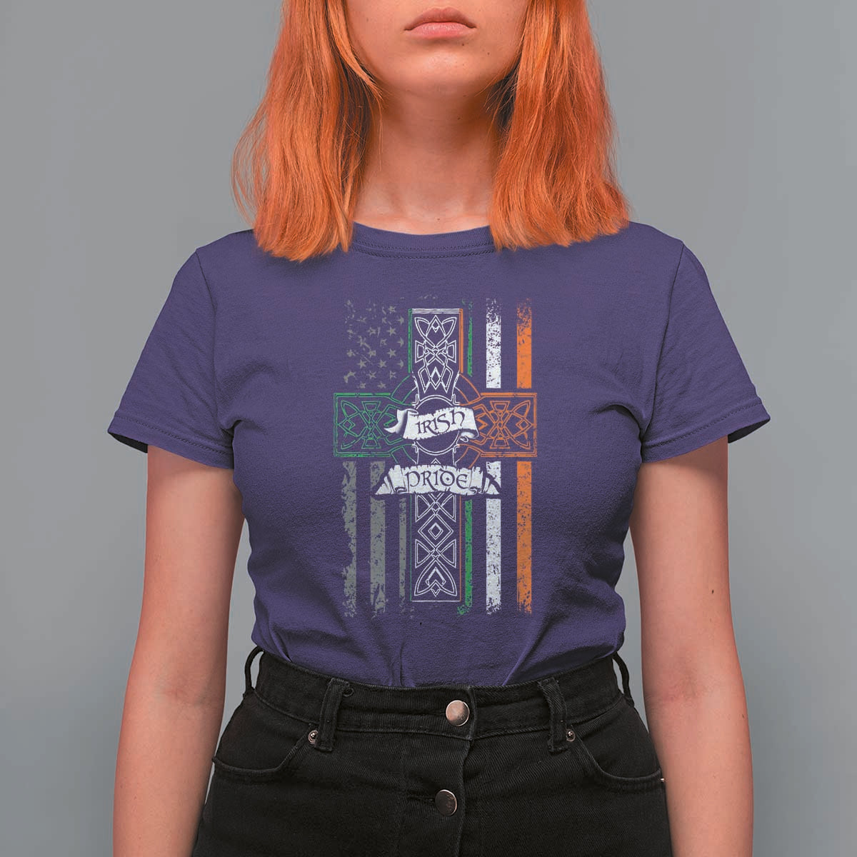 Irish Pride T Shirt For Women American Flag Celtic Cross St Patricks Day