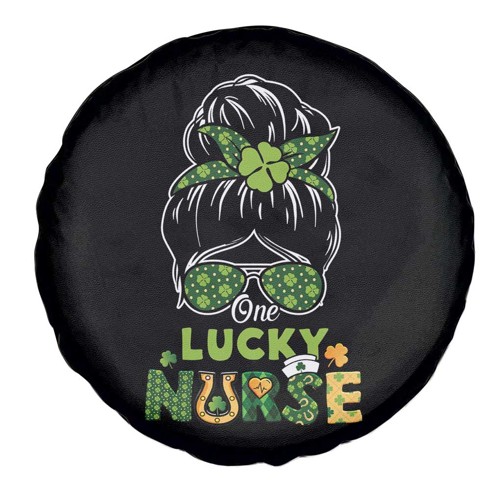 Funny One Lucky Nurse St Patricks Day Spare Tire Cover Scrub Life with Messy Bun