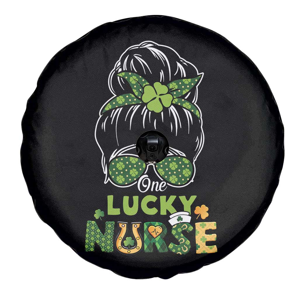Funny One Lucky Nurse St Patricks Day Spare Tire Cover Scrub Life with Messy Bun