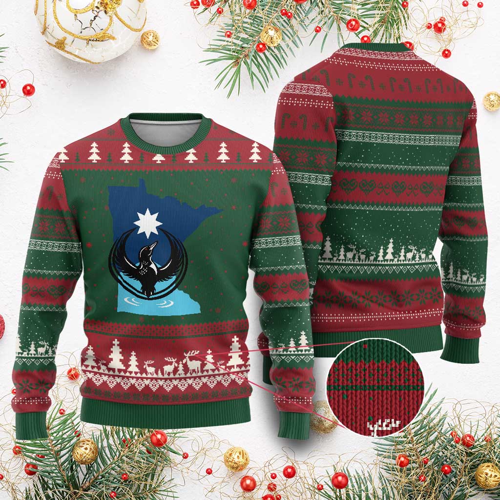 Minnesota Loon Rising Ugly Christmas Sweater Star Emblem MN State Flag Pride