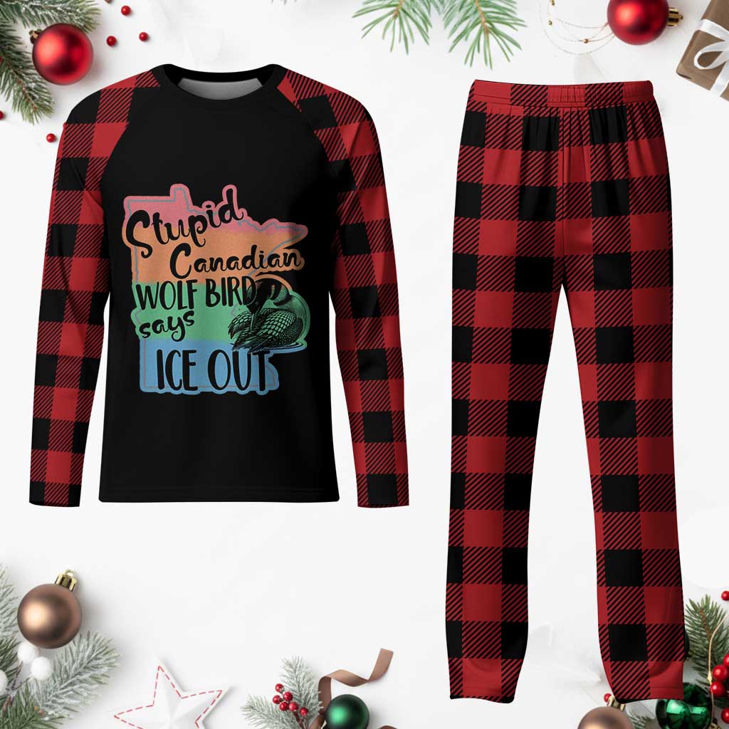 Stupid Canadian Wolf Bird Says Ice Out Plaid Pajama Set Funny Activist Loon Minnesota Rebel Rainbow