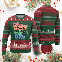 Stupid Canadian Wolf Bird Says Ice Out Ugly Christmas Sweater Funny Activist Loon Minnesota Rebel Rainbow