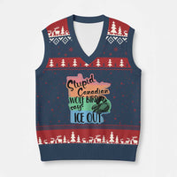 Stupid Canadian Wolf Bird Says Ice Out V-Neck Knit Sweater Vest Funny Activist Loon Minnesota Rebel Rainbow