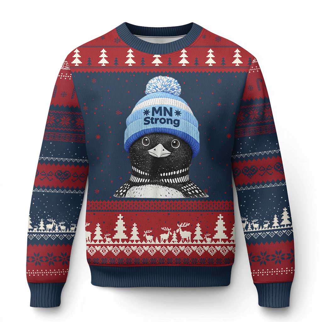 MN Strong Winter Loon with Blue Beanie Ugly Christmas Sweater Stand with Minnesota Justice Protest