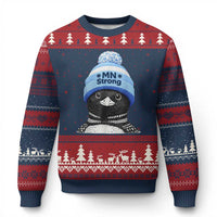 MN Strong Winter Loon with Blue Beanie Ugly Christmas Sweater Stand with Minnesota Justice Protest