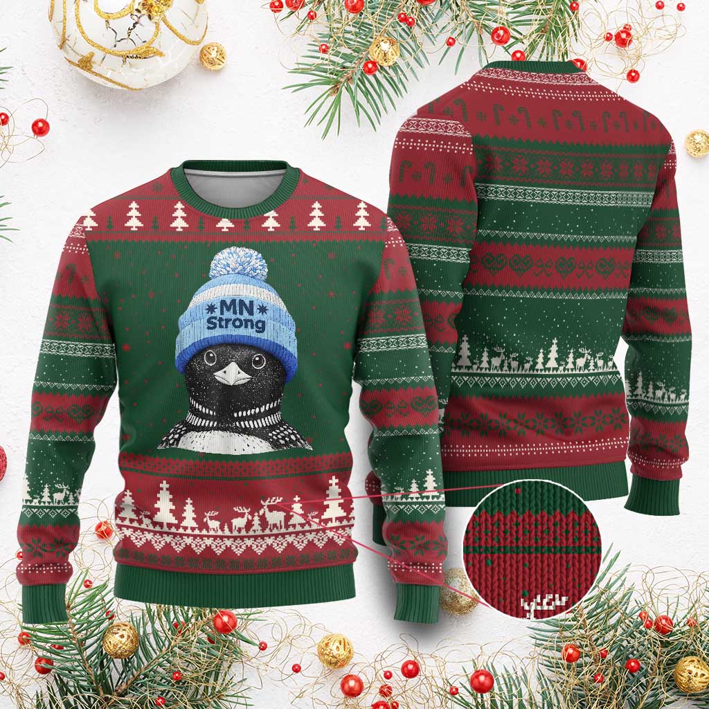 MN Strong Winter Loon with Blue Beanie Ugly Christmas Sweater Stand with Minnesota Justice Protest