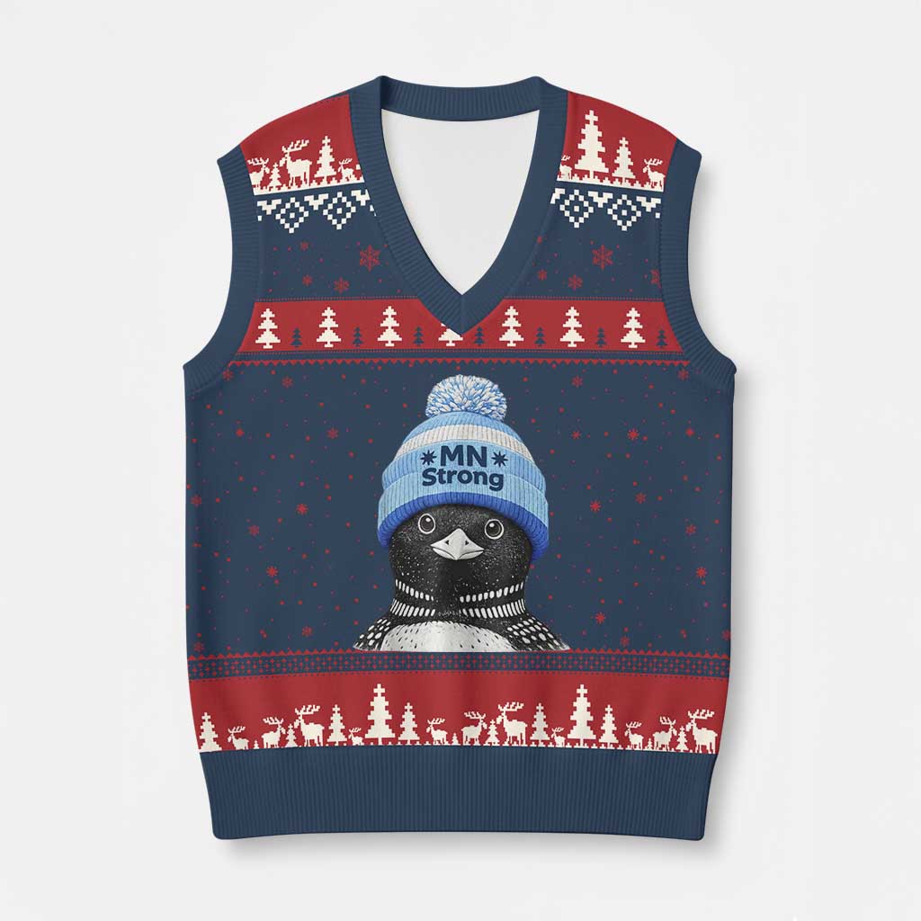 MN Strong Winter Loon with Blue Beanie V-Neck Knit Sweater Vest Stand with Minnesota Justice Protest