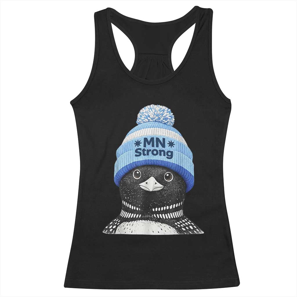 MN Strong Winter Loon with Blue Beanie Racerback Tank Top Stand with Minnesota Justice Protest