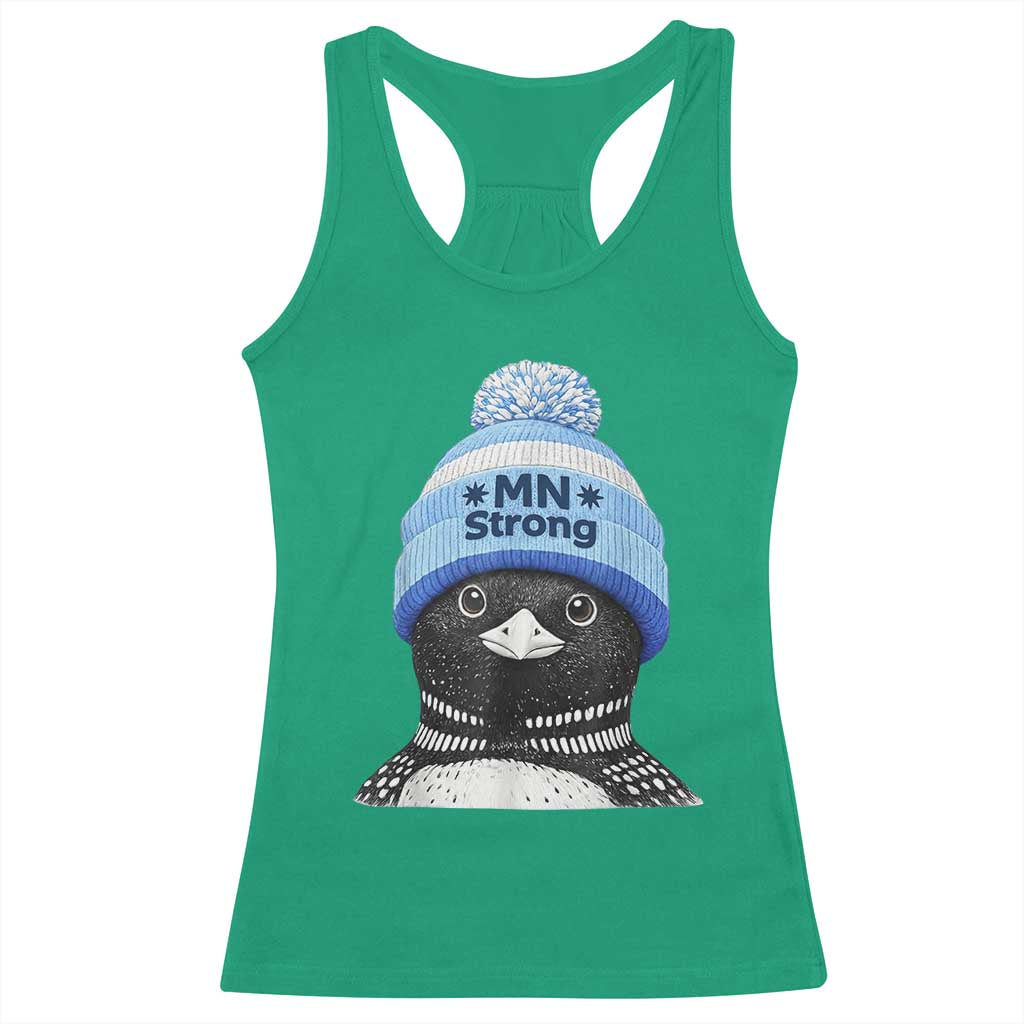 MN Strong Winter Loon with Blue Beanie Racerback Tank Top Stand with Minnesota Justice Protest
