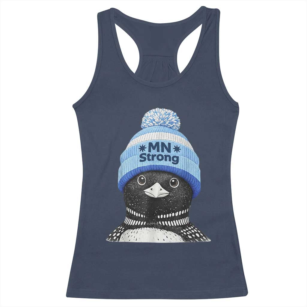 MN Strong Winter Loon with Blue Beanie Racerback Tank Top Stand with Minnesota Justice Protest