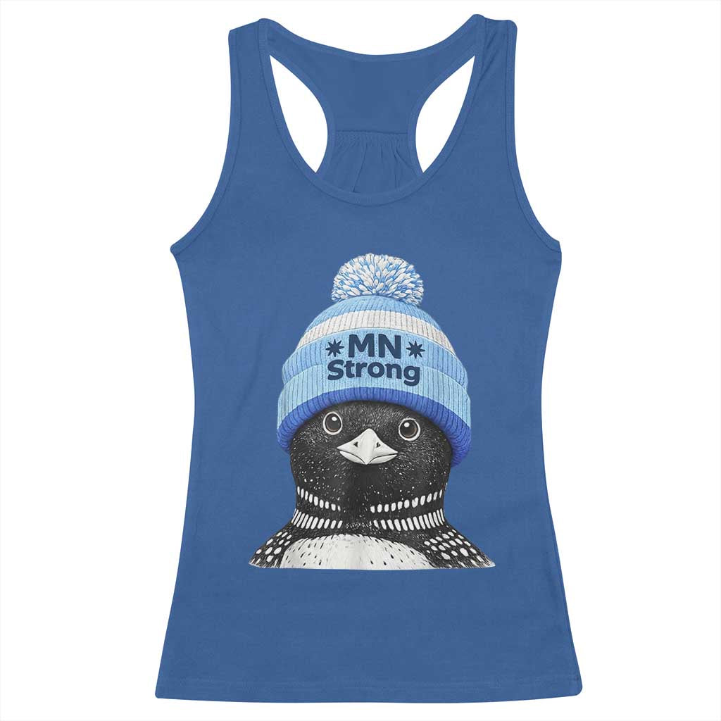 MN Strong Winter Loon with Blue Beanie Racerback Tank Top Stand with Minnesota Justice Protest