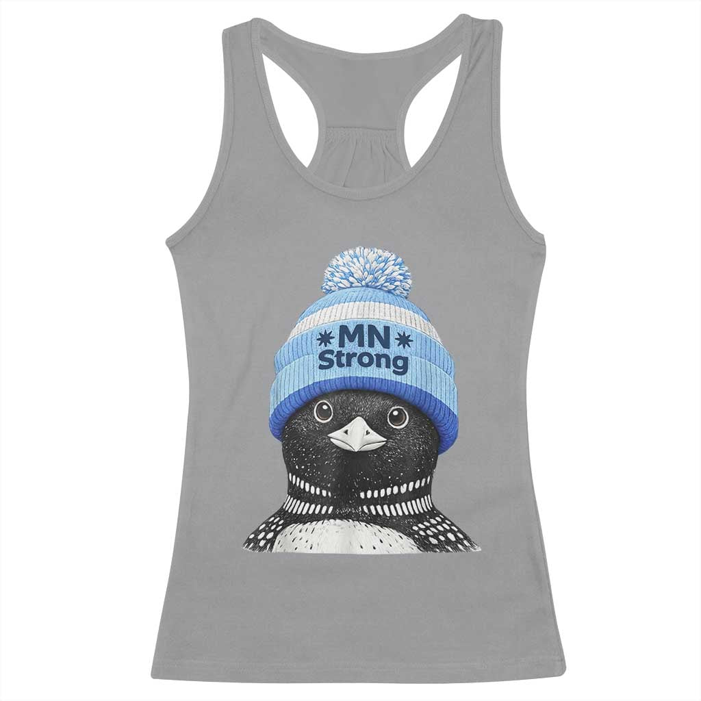 MN Strong Winter Loon with Blue Beanie Racerback Tank Top Stand with Minnesota Justice Protest