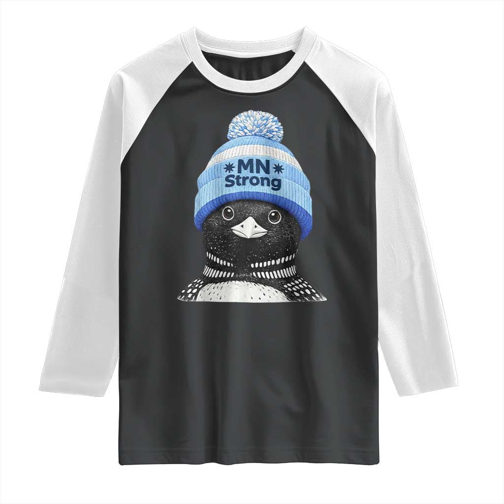 MN Strong Winter Loon with Blue Beanie Raglan Shirt Stand with Minnesota Justice Protest