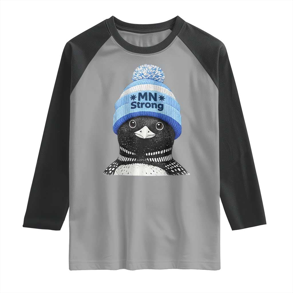 MN Strong Winter Loon with Blue Beanie Raglan Shirt Stand with Minnesota Justice Protest