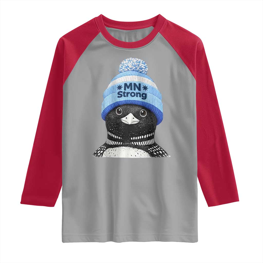 MN Strong Winter Loon with Blue Beanie Raglan Shirt Stand with Minnesota Justice Protest