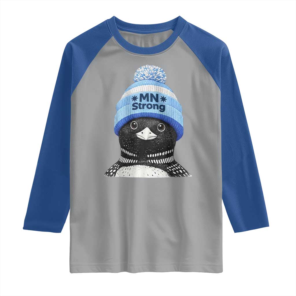 MN Strong Winter Loon with Blue Beanie Raglan Shirt Stand with Minnesota Justice Protest