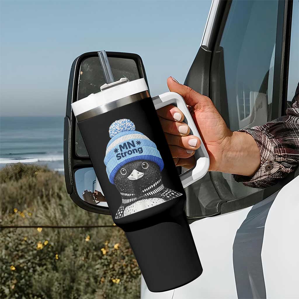 MN Strong Winter Loon with Blue Beanie Tumbler With Handle Stand with Minnesota Justice Protest