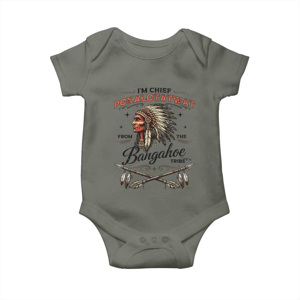 Funny I'm Chief Pokalotatwat from The Tribe Baby Onesie Indigenous Native American Vintage Headdress