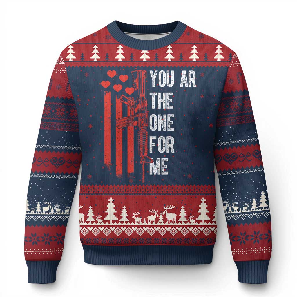 You AR The One for Me Ugly Christmas Sweater Patriotic Valentine Gun Romantic Rifle and Flag