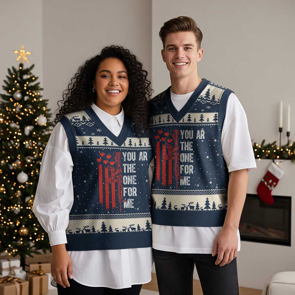 You AR The One for Me V-Neck Knit Sweater Vest Patriotic Valentine Gun Romantic Rifle and Flag