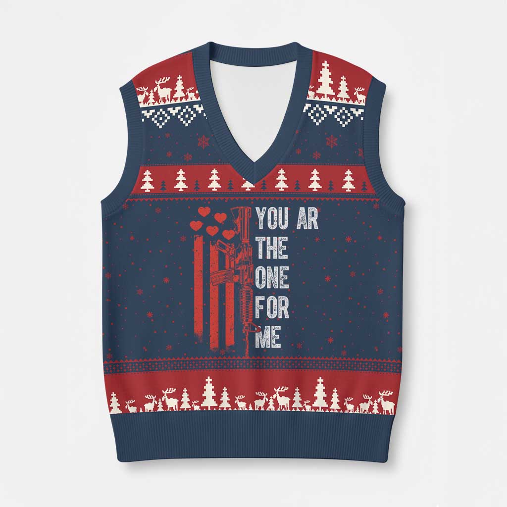 You AR The One for Me V-Neck Knit Sweater Vest Patriotic Valentine Gun Romantic Rifle and Flag