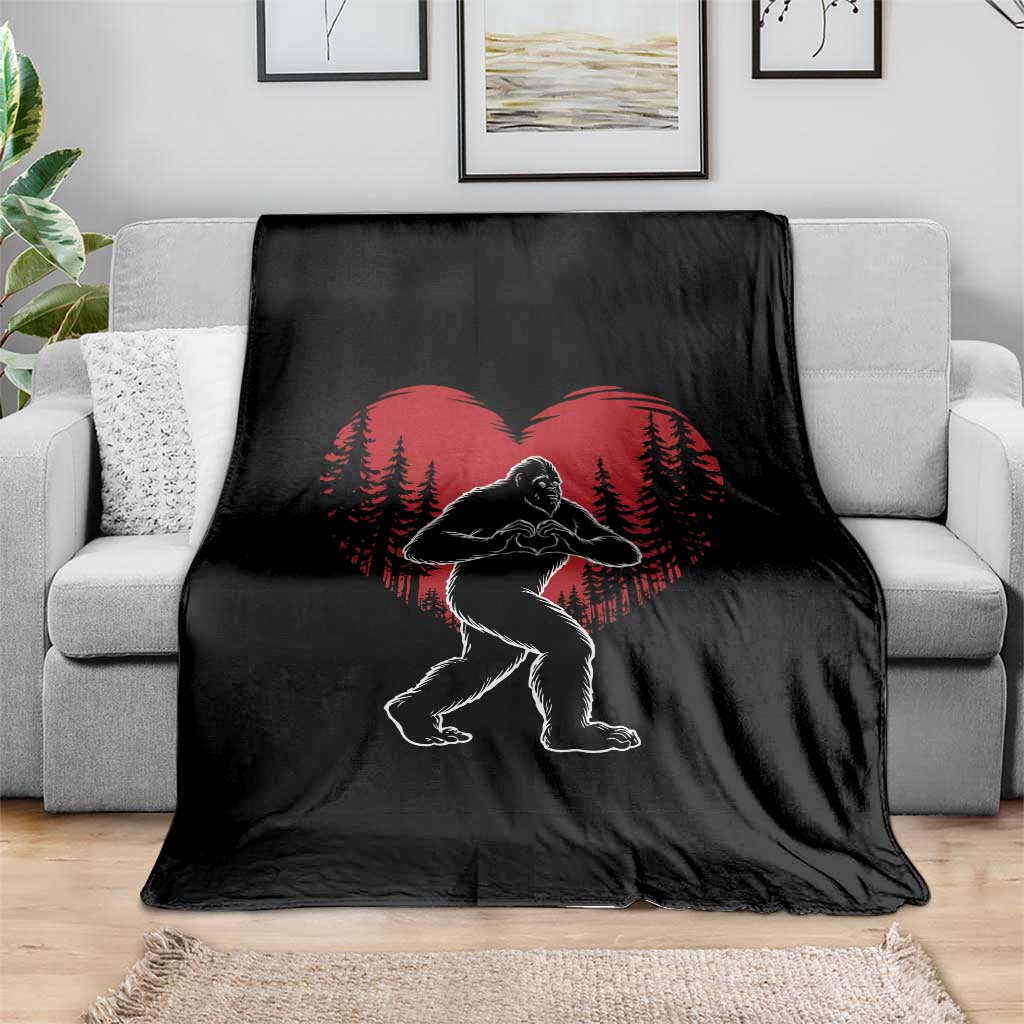 Funny Valentine Bigfoot in Love Heart Hand Sign Throw Blanket Romantic Sasquatch in Forest Valentines Day