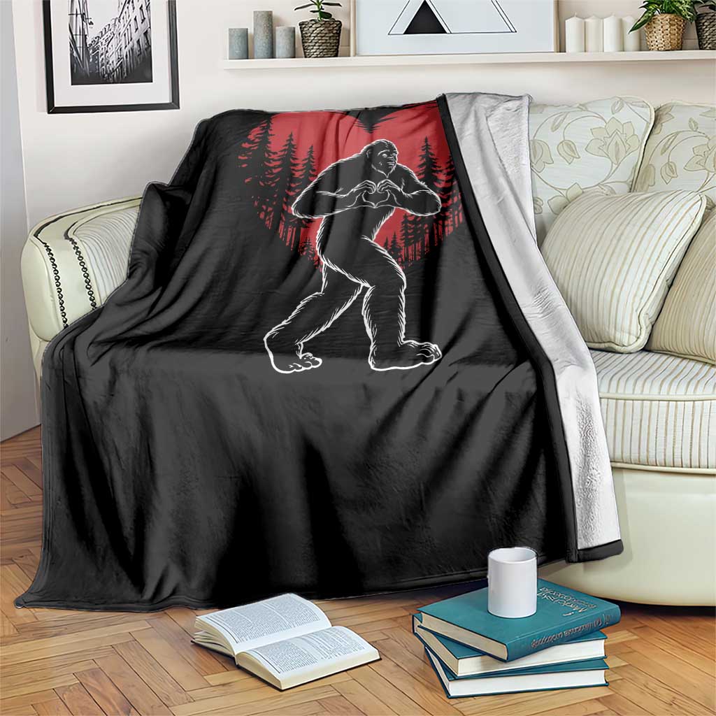 Funny Valentine Bigfoot in Love Heart Hand Sign Throw Blanket Romantic Sasquatch in Forest Valentines Day