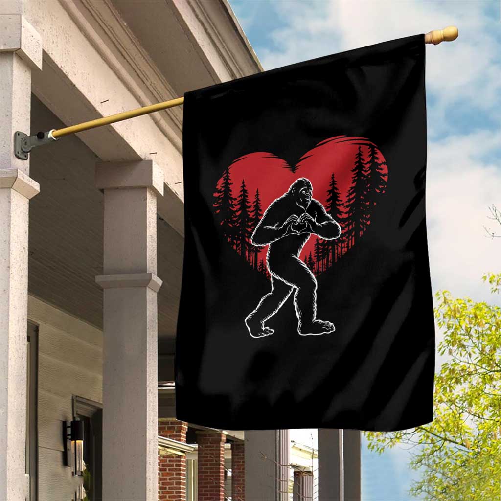 Funny Valentine Bigfoot in Love Heart Hand Sign Garden Flag Romantic Sasquatch in Forest Valentines Day