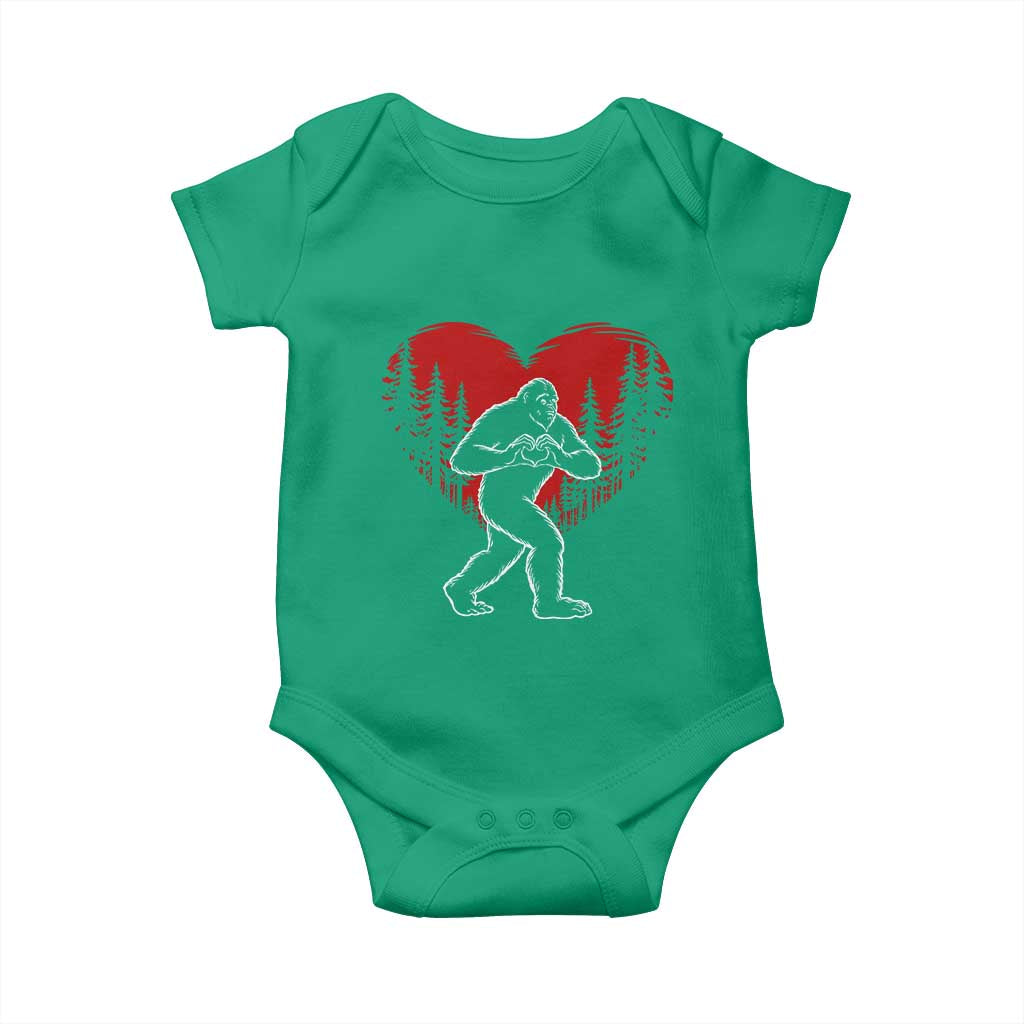 Funny Valentine Bigfoot in Love Heart Hand Sign Baby Onesie Romantic Sasquatch in Forest Valentines Day