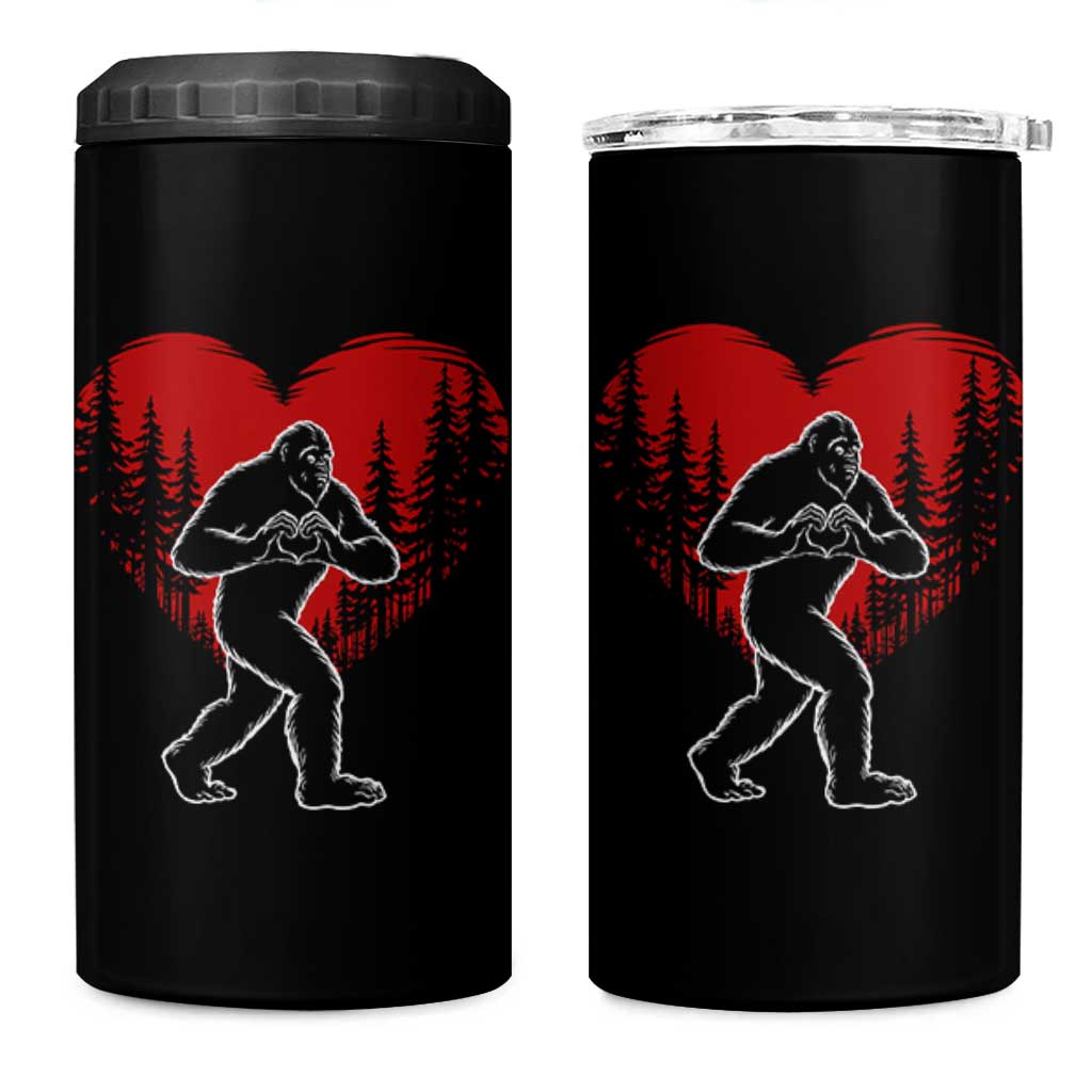 Funny Valentine Bigfoot in Love Heart Hand Sign 4 in 1 Can Cooler Tumbler Romantic Sasquatch in Forest Valentines Day