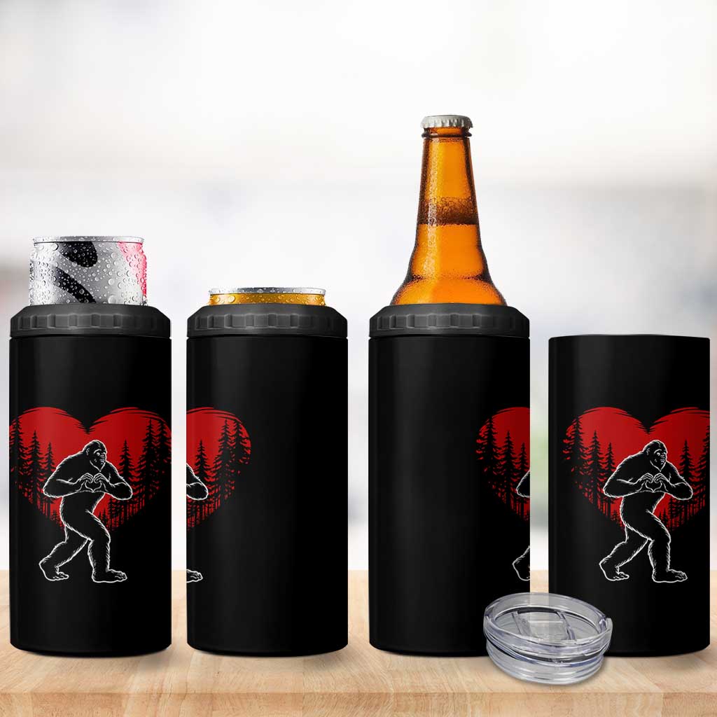 Funny Valentine Bigfoot in Love Heart Hand Sign 4 in 1 Can Cooler Tumbler Romantic Sasquatch in Forest Valentines Day