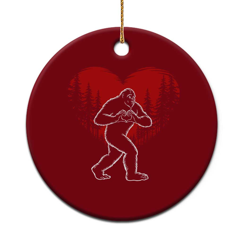 Funny Valentine Bigfoot in Love Heart Hand Sign Ceramic Ornament Romantic Sasquatch in Forest Valentines Day