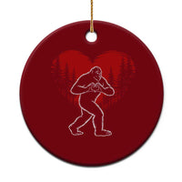 Funny Valentine Bigfoot in Love Heart Hand Sign Ceramic Ornament Romantic Sasquatch in Forest Valentines Day