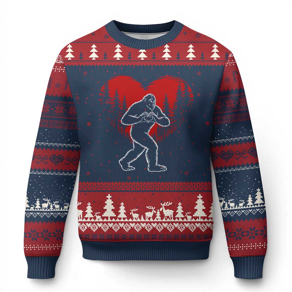 Funny Valentine Bigfoot in Love Heart Hand Sign Ugly Christmas Sweater Romantic Sasquatch in Forest Valentines Day