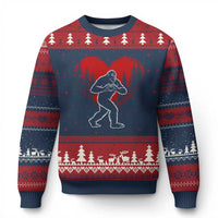 Funny Valentine Bigfoot in Love Heart Hand Sign Ugly Christmas Sweater Romantic Sasquatch in Forest Valentines Day