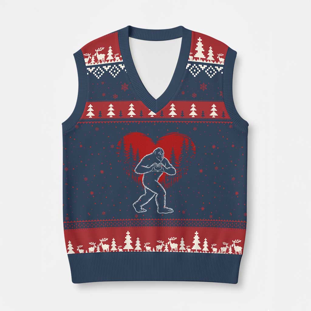 Funny Valentine Bigfoot in Love Heart Hand Sign V-Neck Knit Sweater Vest Romantic Sasquatch in Forest Valentines Day