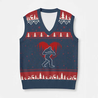 Funny Valentine Bigfoot in Love Heart Hand Sign V-Neck Knit Sweater Vest Romantic Sasquatch in Forest Valentines Day