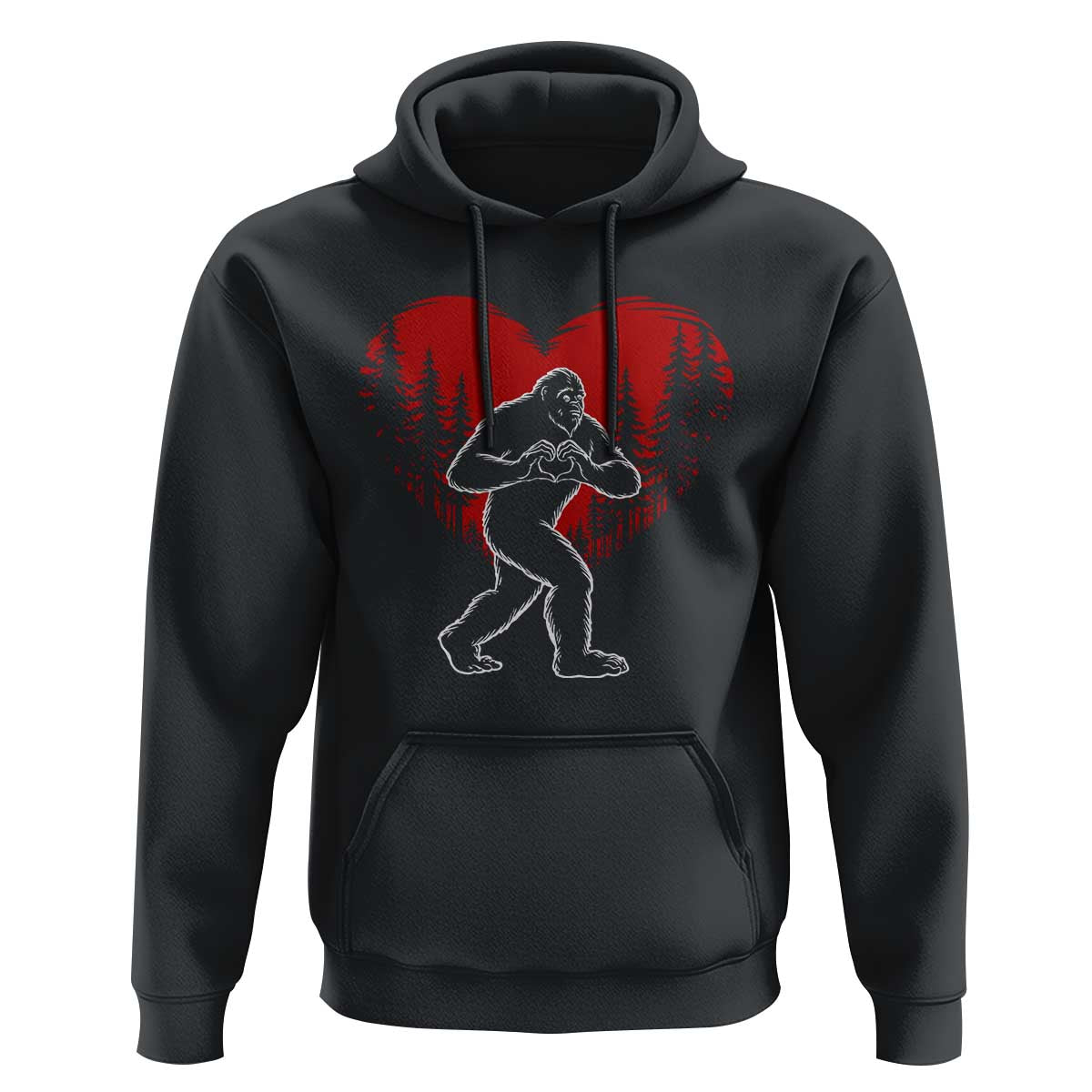Funny Valentine Bigfoot in Love Heart Hand Sign Hoodie Romantic Sasquatch in Forest Valentines Day